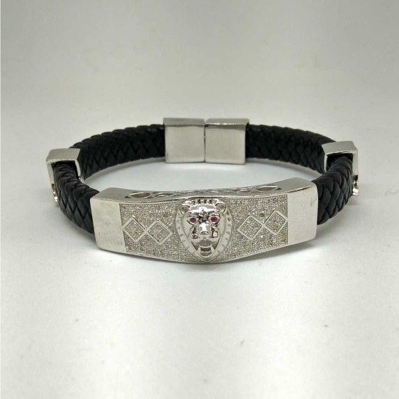 925 Sterling Silver LION FACED LEATHER BRACELET